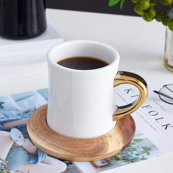 12 Oz Ceramic Tea Cup Coffee Cup Set with Wooden Saucer European Golden Hand Cup - Picture 4 of 10